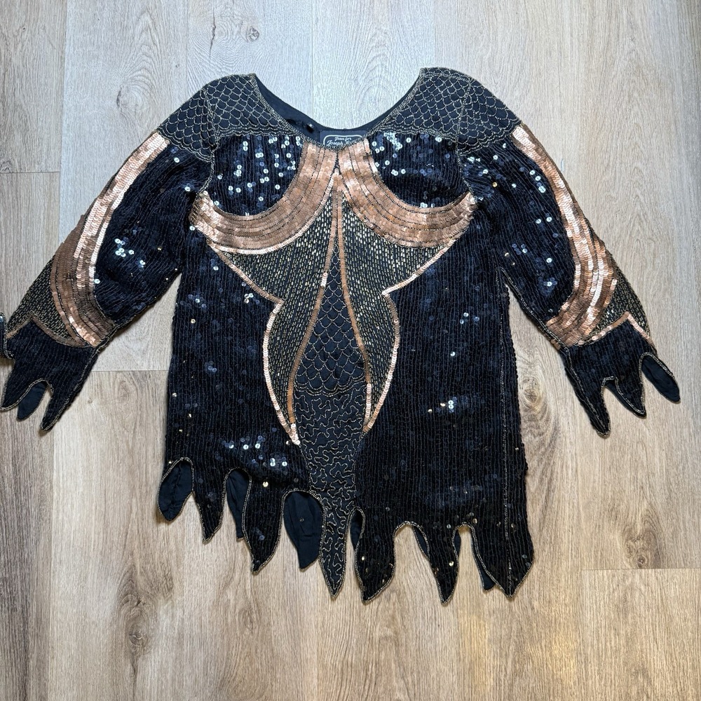 VTG Jean for Joseph Le Bon Black Gold Sequin 100% Silk‎ Top Sz S Beaded